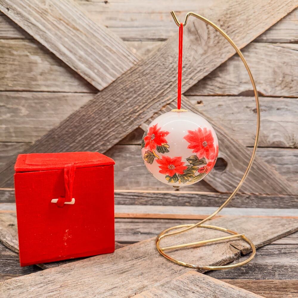 Pier 1 Li Bien Poinsettia Christmas Ornament Reverse Hand Painted Glass Boxed